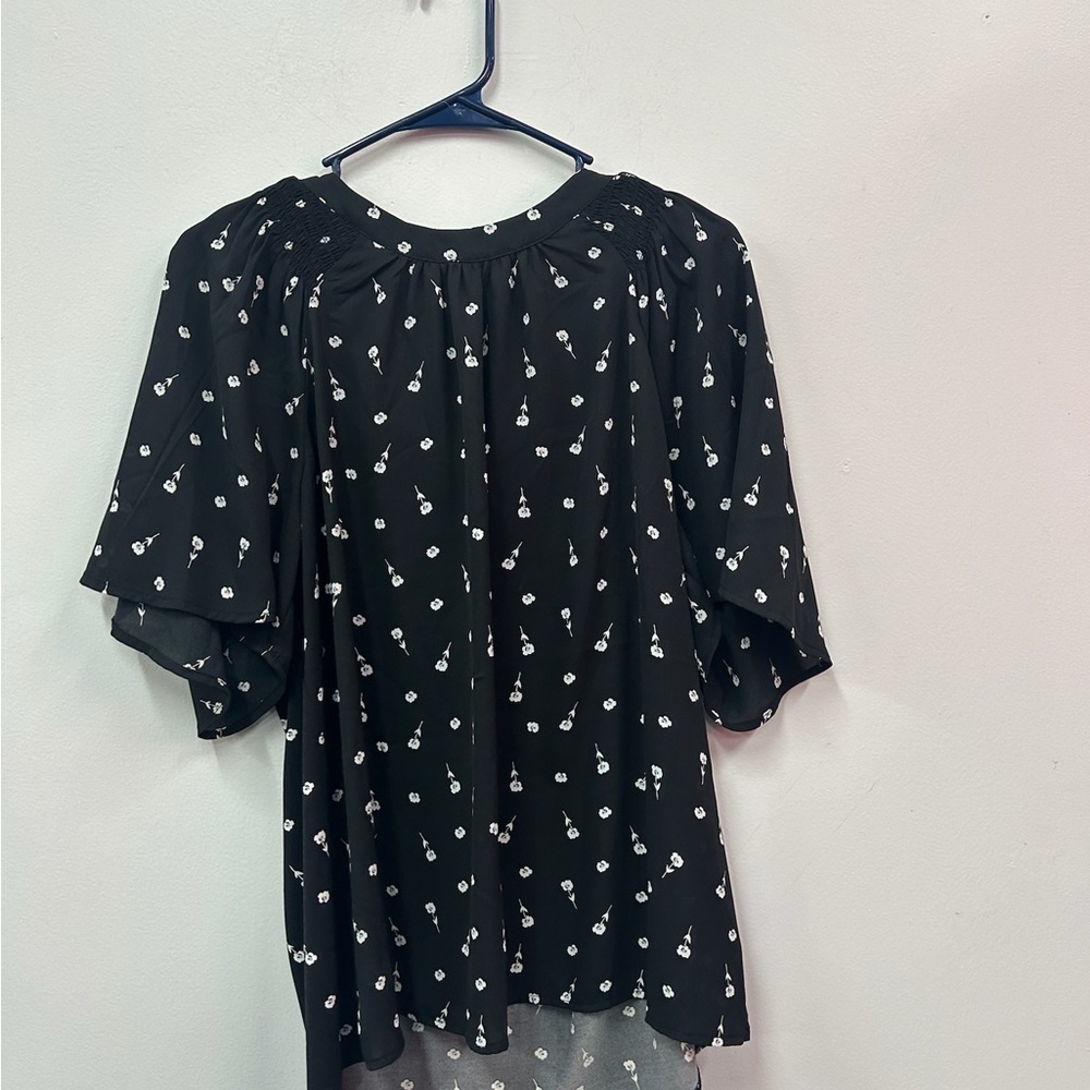 Ann Taylor Black Blouse w/ White flower design